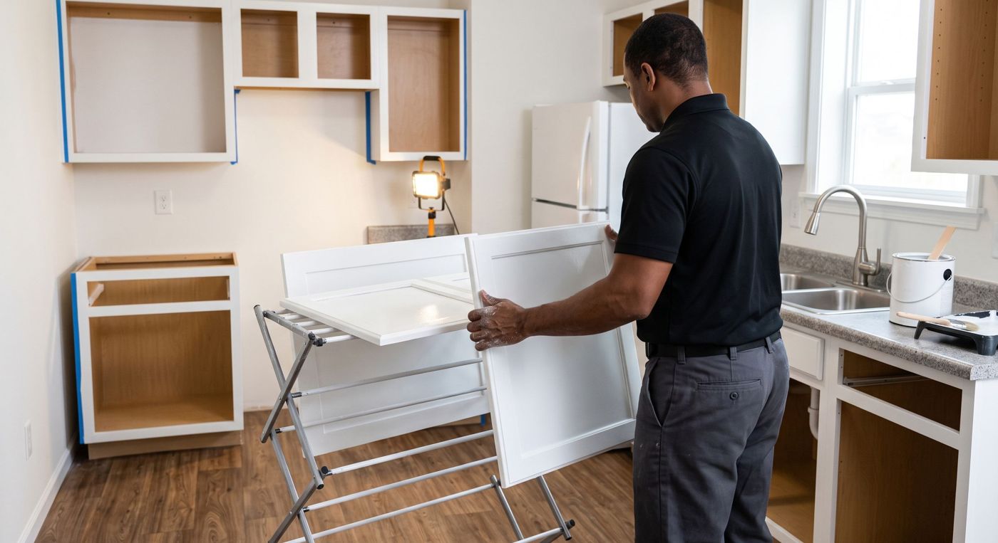 Carrington technician handling freshly painted white cabinet doors on a drying rack in the same kitchen, frames masked off and ready for reassembly