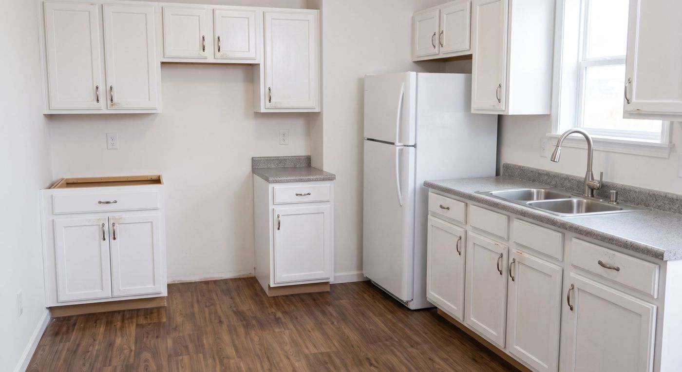 Empty rental kitchen with tired, uneven white cabinets showing wear along the doors and exposed edges