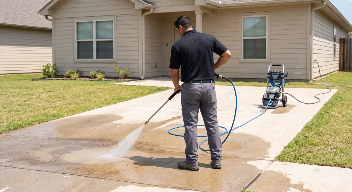 Carrington technician pressure washing the same driveway, leaving a clean stripe across the concrete
