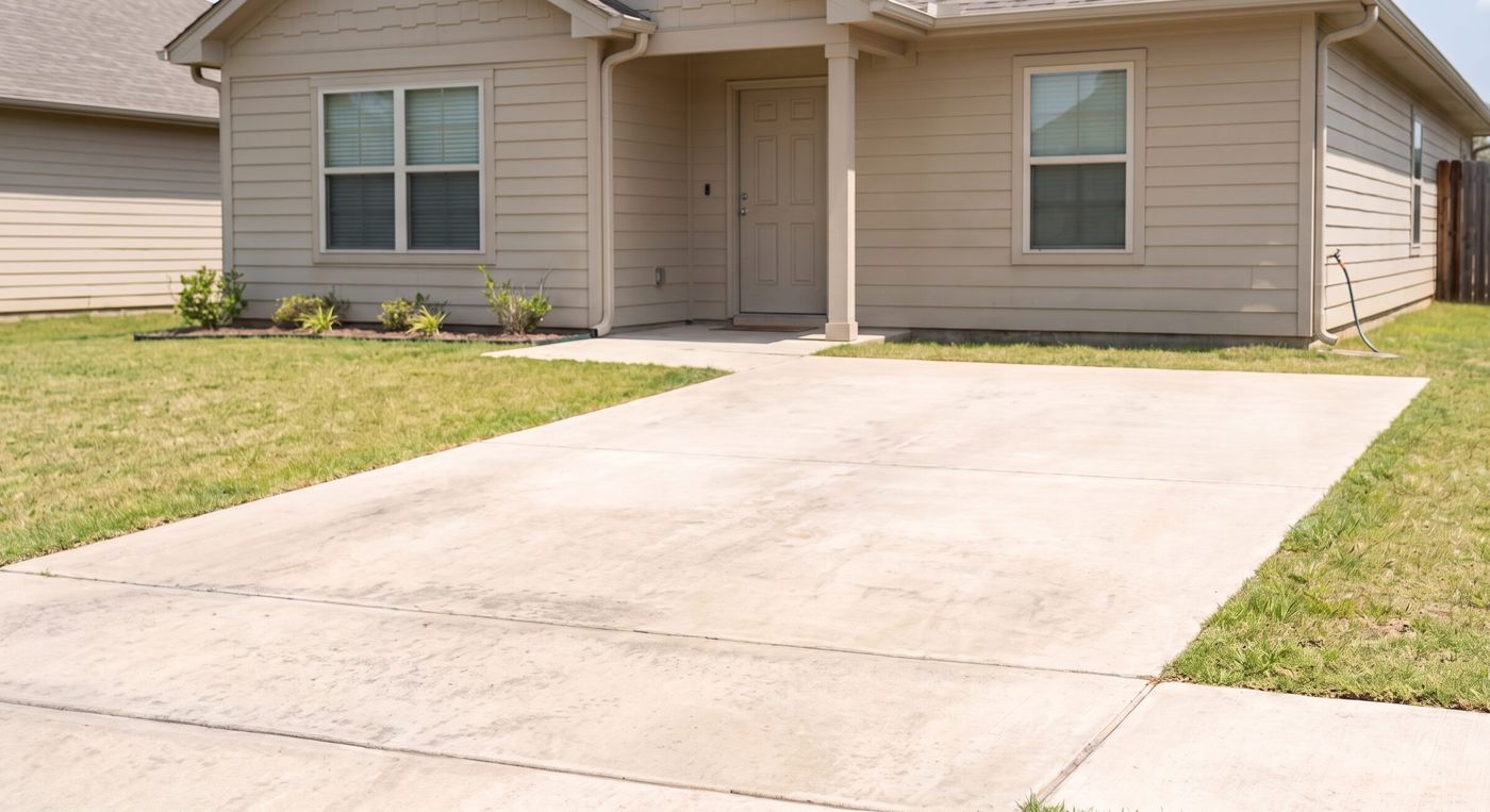 Concrete driveway and front walkway stained with dirt and grime outside a single-story rental home