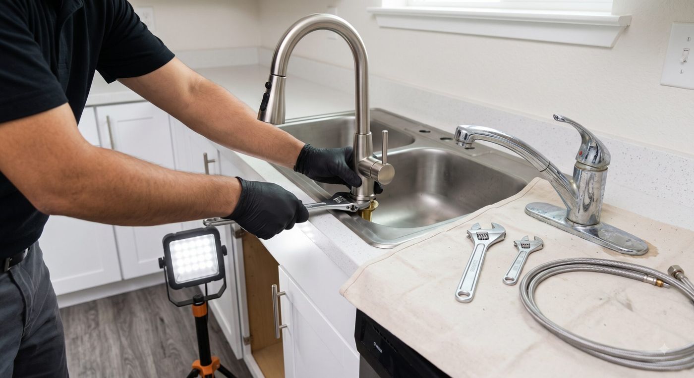 Carrington technician connecting a new brushed-nickel pull-down faucet at the same kitchen sink, with the removed fixture and tools on the counter
