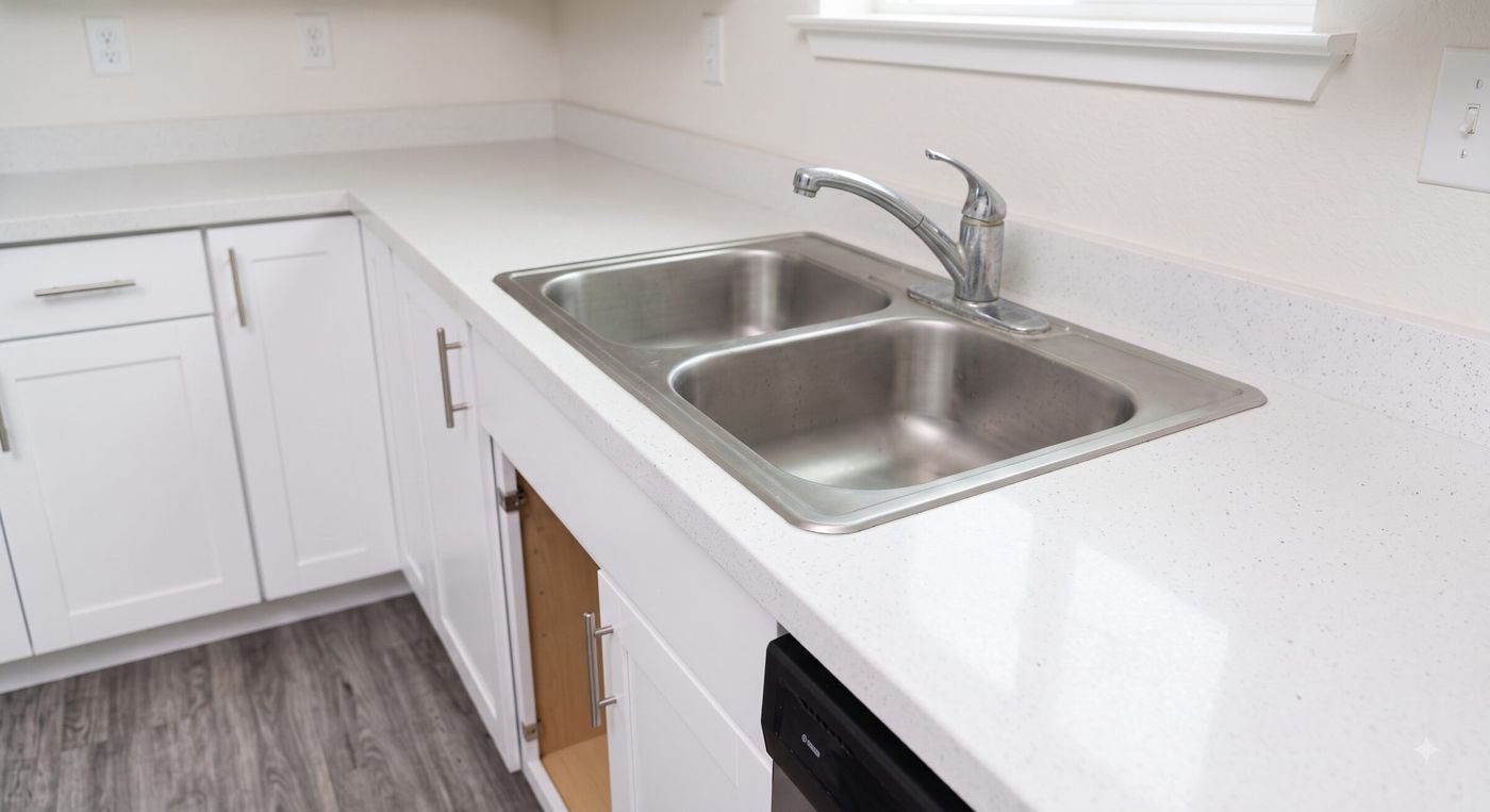 Aging chrome pull-out faucet on a stainless double-basin kitchen sink before replacement