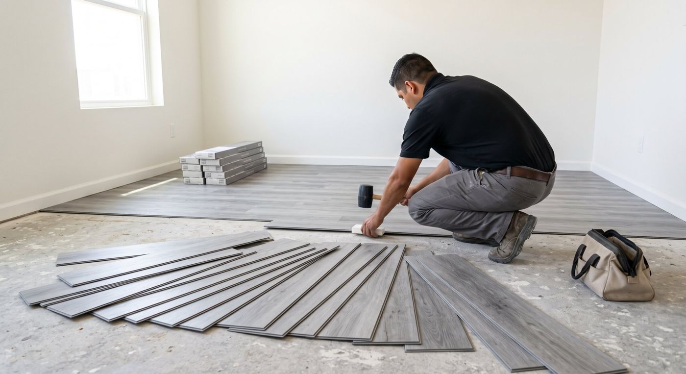 Carrington technician installing new grey vinyl plank flooring in the same room