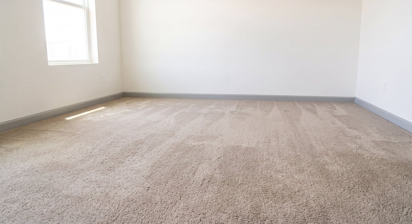 Empty room with worn, matted beige carpet before flooring replacement