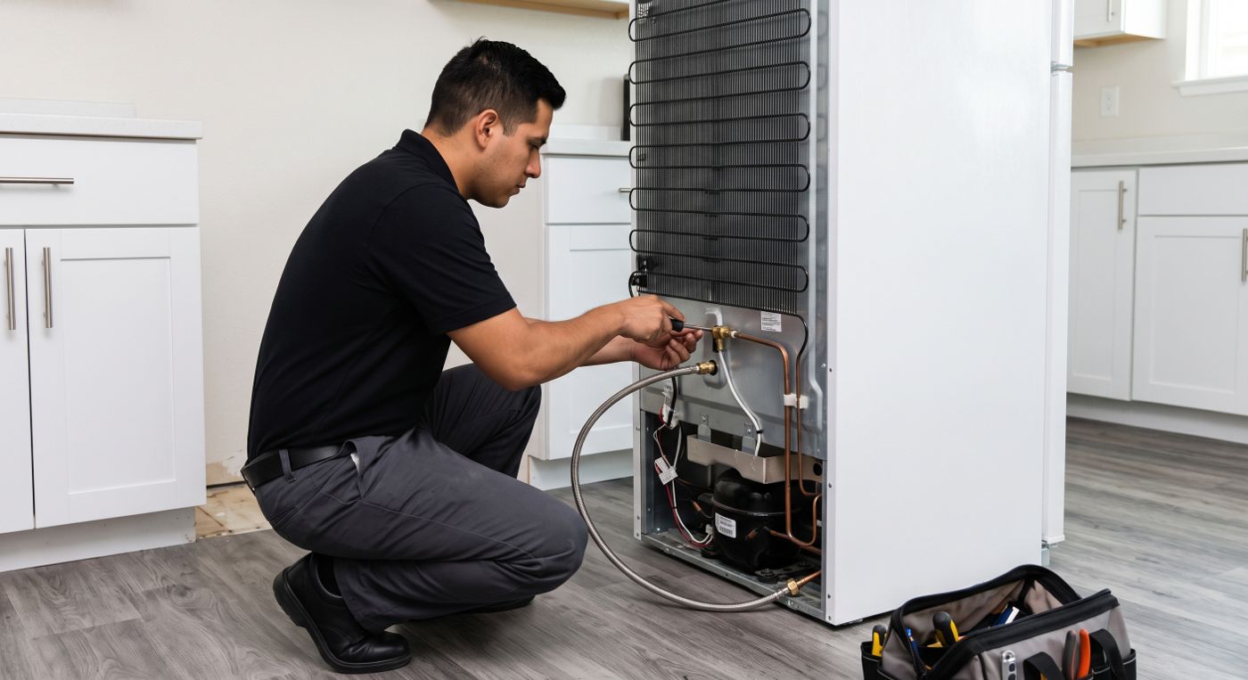 Carrington technician crouched behind the same refrigerator, tightening the braided water line fitting with tools staged on the floor