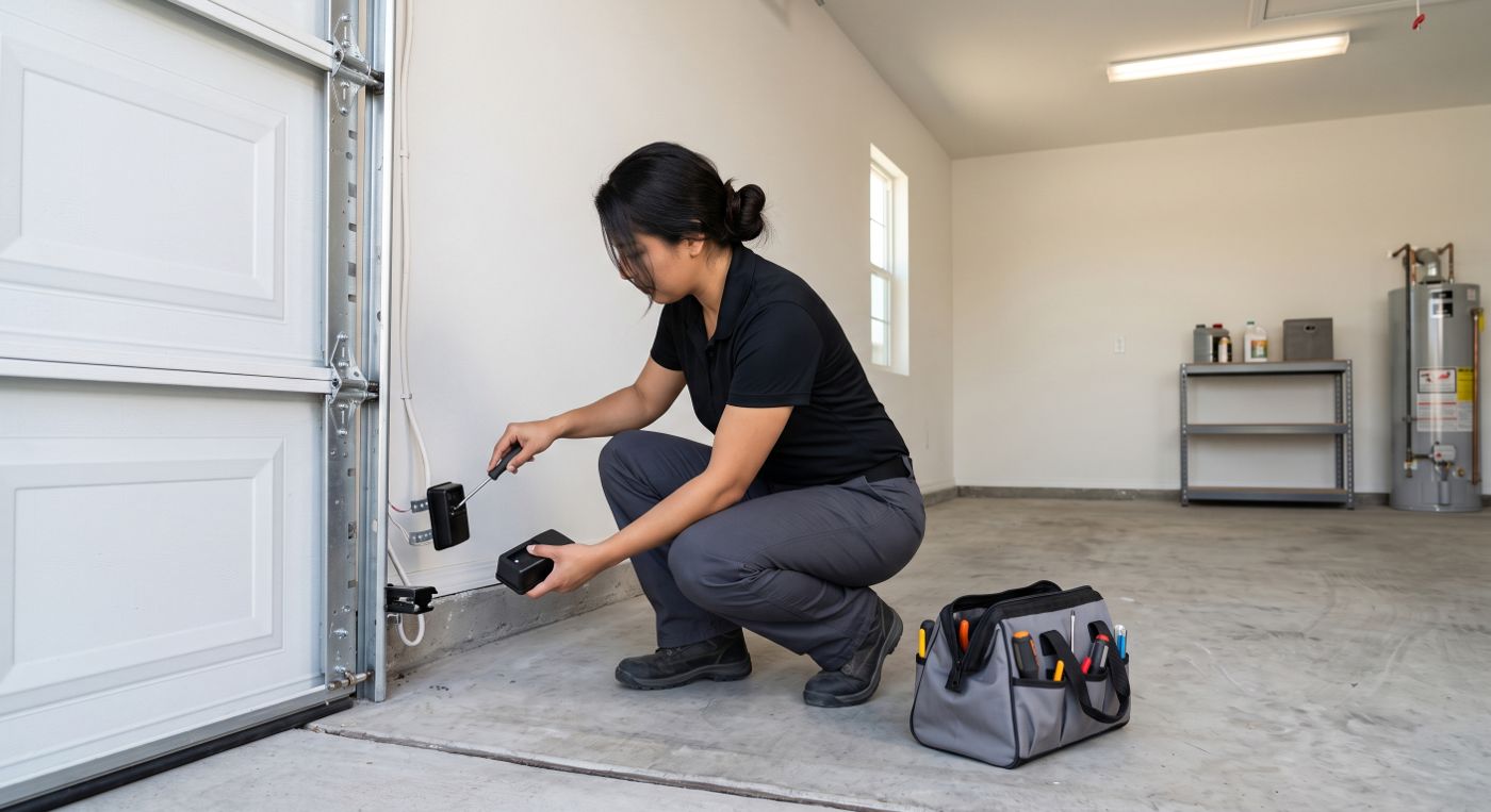 Carrington technician crouched at the same garage door track, adjusting the safety sensor into alignment with tools staged on the floor