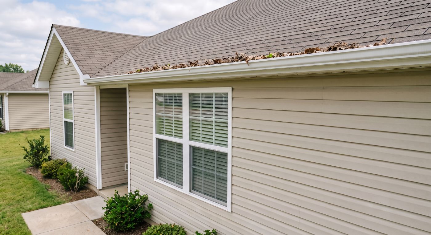 Roofline of a rental home with leaves and debris packed into the gutter along the eaves