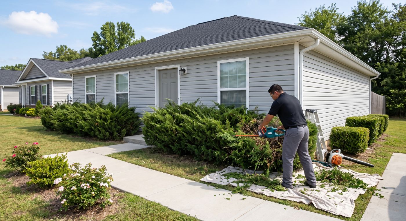 Carrington technician trimming the same hedges back with a hedge trimmer, clippings collected on tarps along the walkway