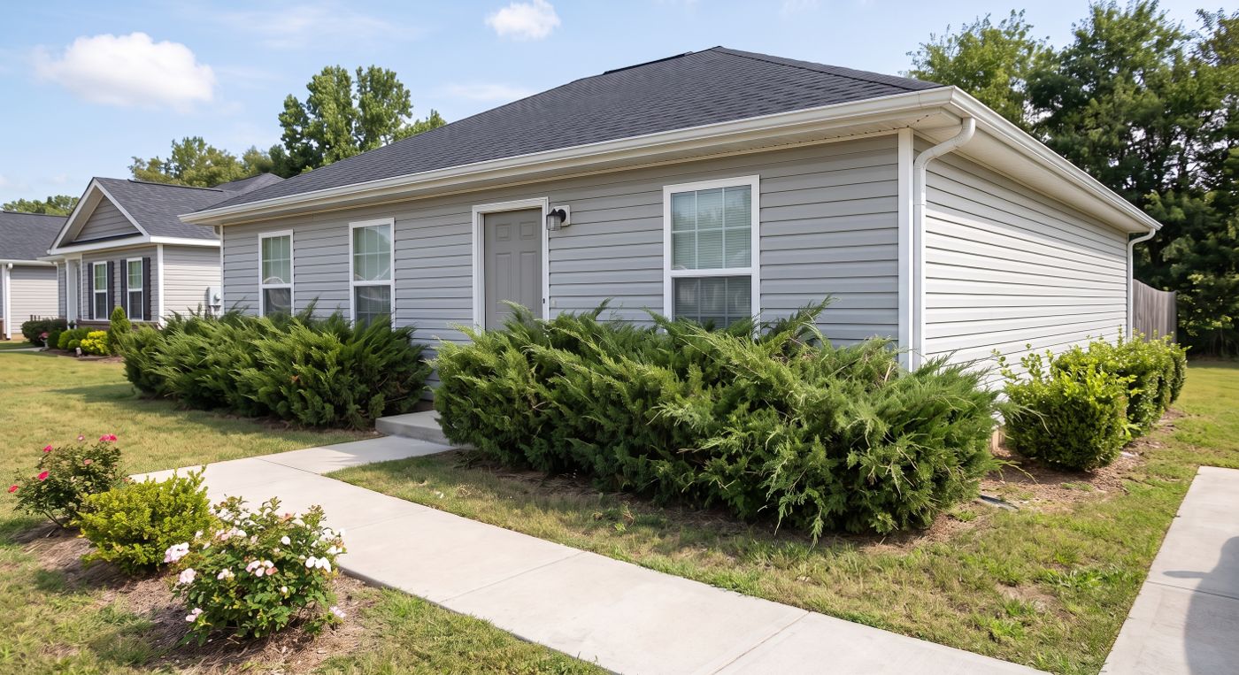 Overgrown shrubs sprawling across the walkway and against the siding of a single-story rental home