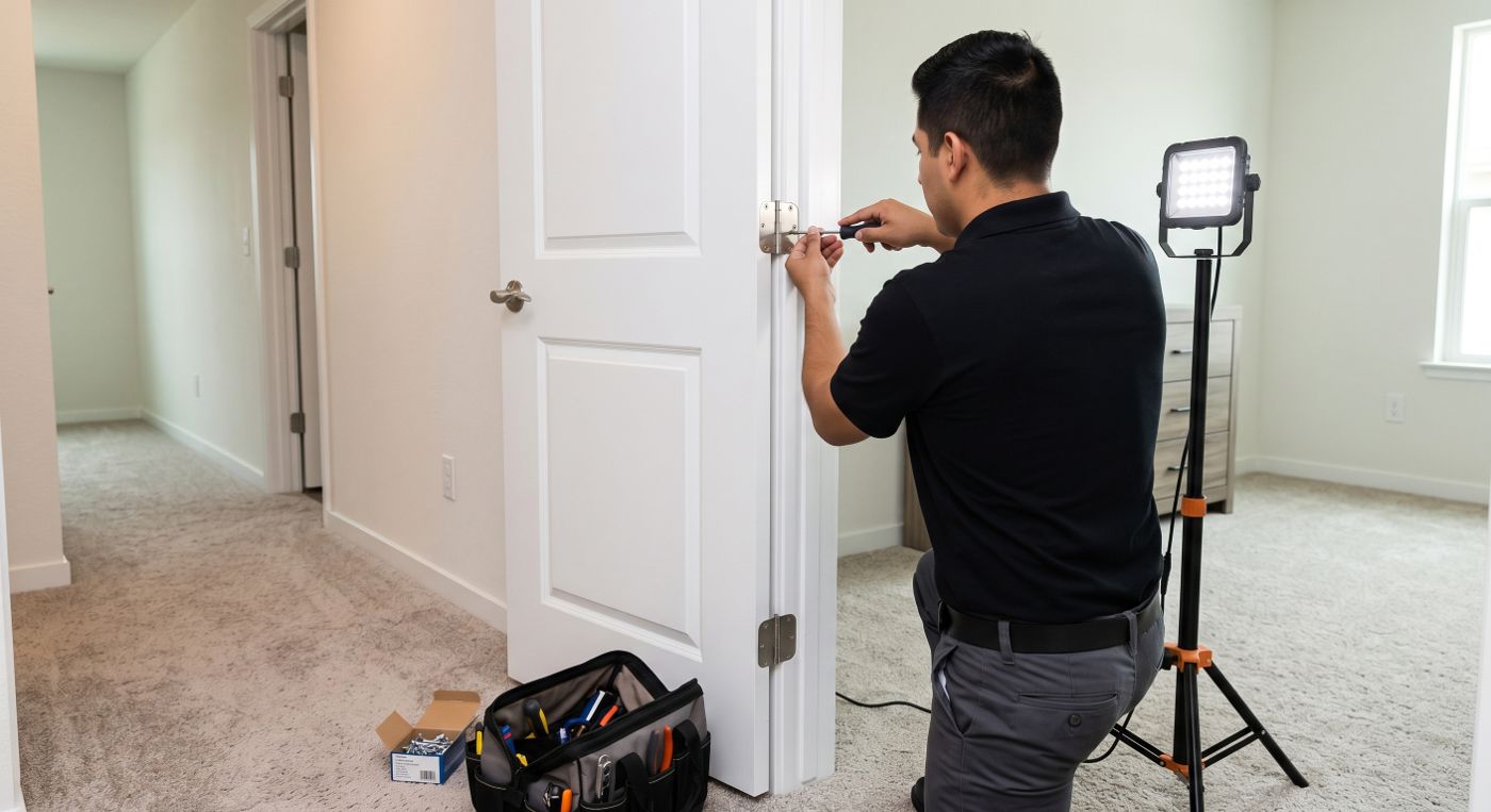 Carrington technician driving screws into the upper hinge of the same door with a tool bag and replacement hardware laid out on the carpet