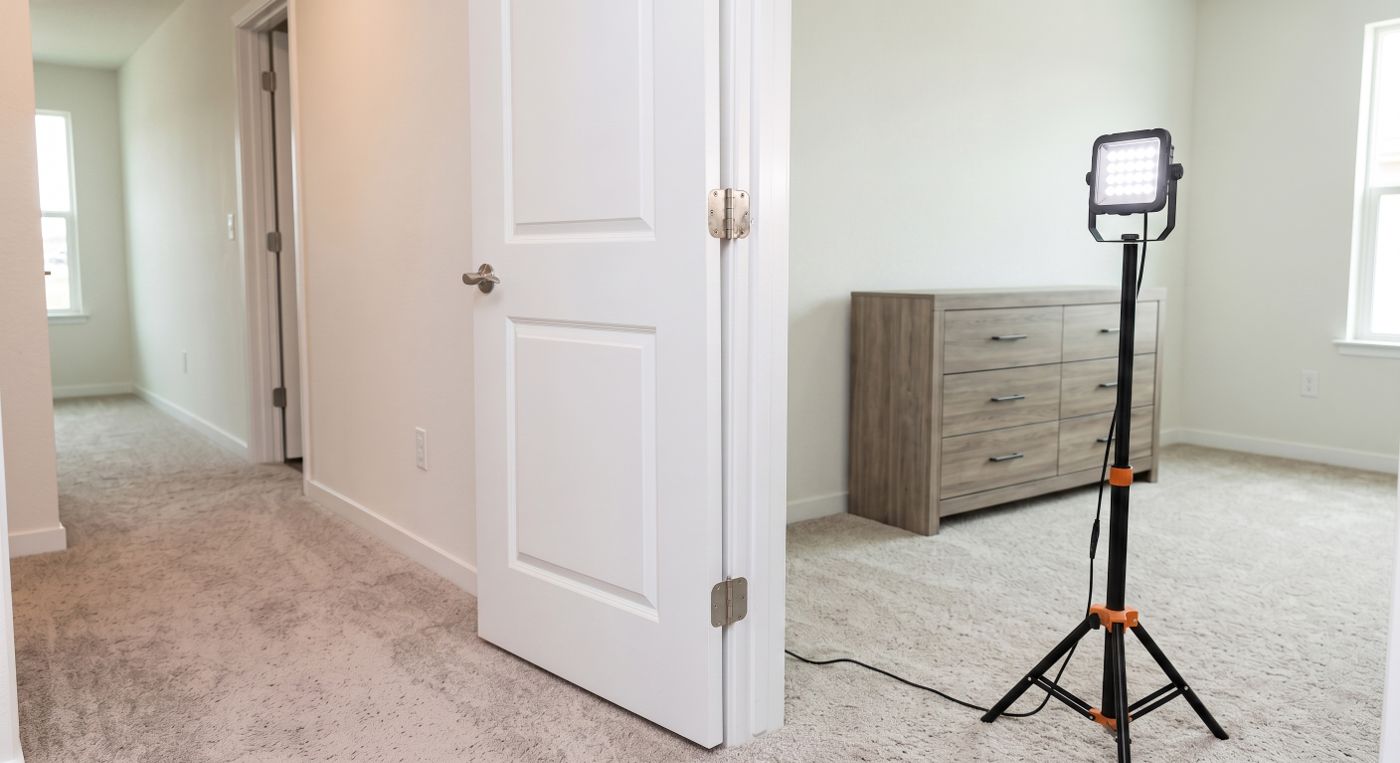 White panel bedroom door standing ajar in its frame, work light set up alongside to inspect the hinges