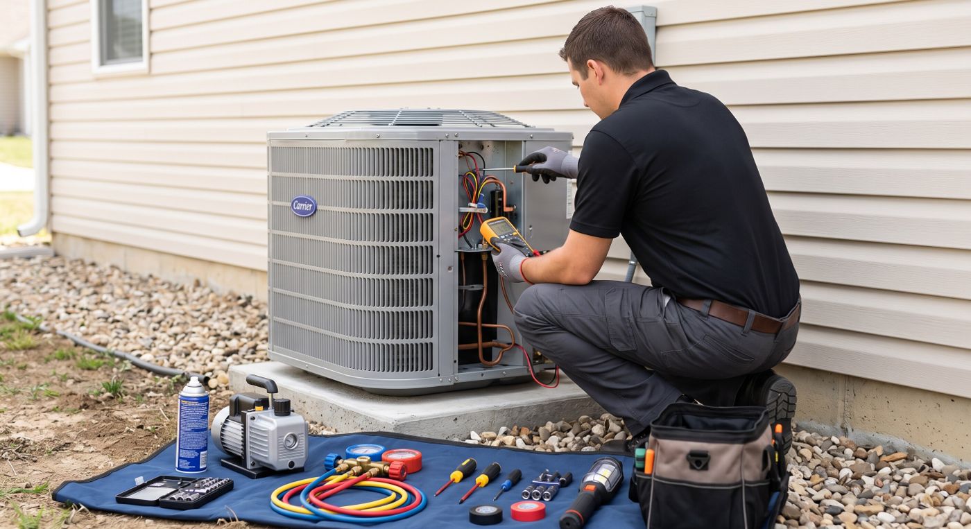 Carrington technician commissioning a new condenser unit on the same pad, checking readings with a multimeter while gauges and a vacuum pump are laid out on a mat