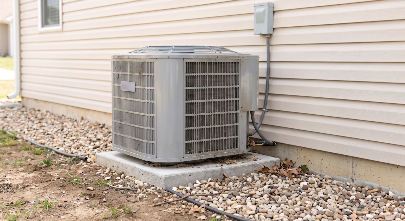 Aging outdoor air conditioning condenser on a concrete pad beside a rental home, dirty and streaked with debris collected around the base