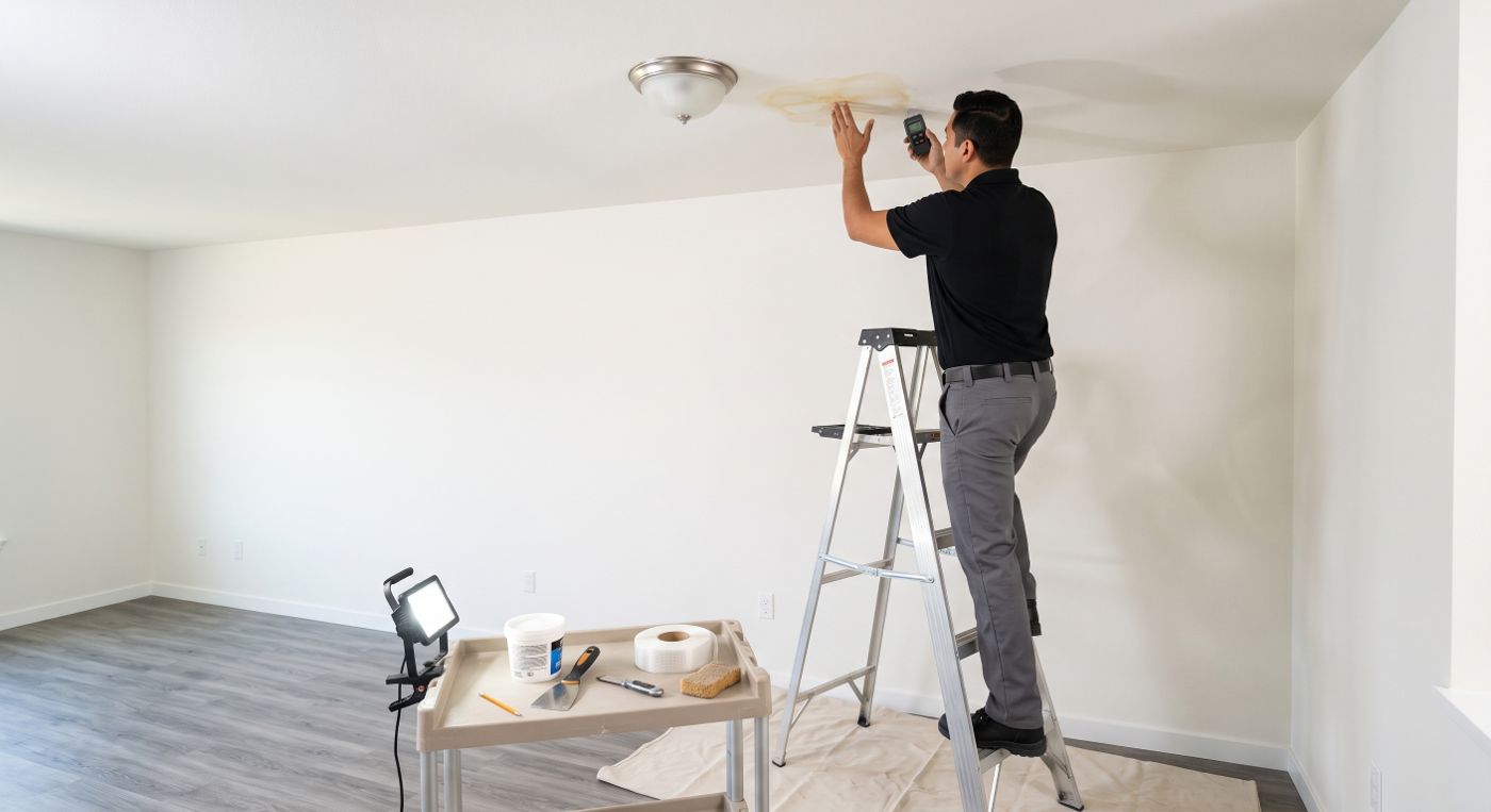 Carrington technician on a ladder checking the same ceiling stain with a moisture meter, drop cloth down and patching supplies staged nearby