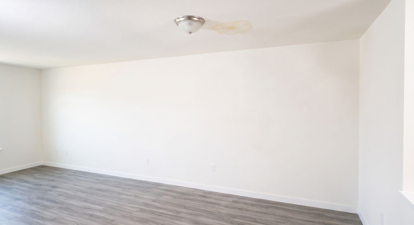Empty room with a brown water stain spreading across the ceiling beside the light fixture