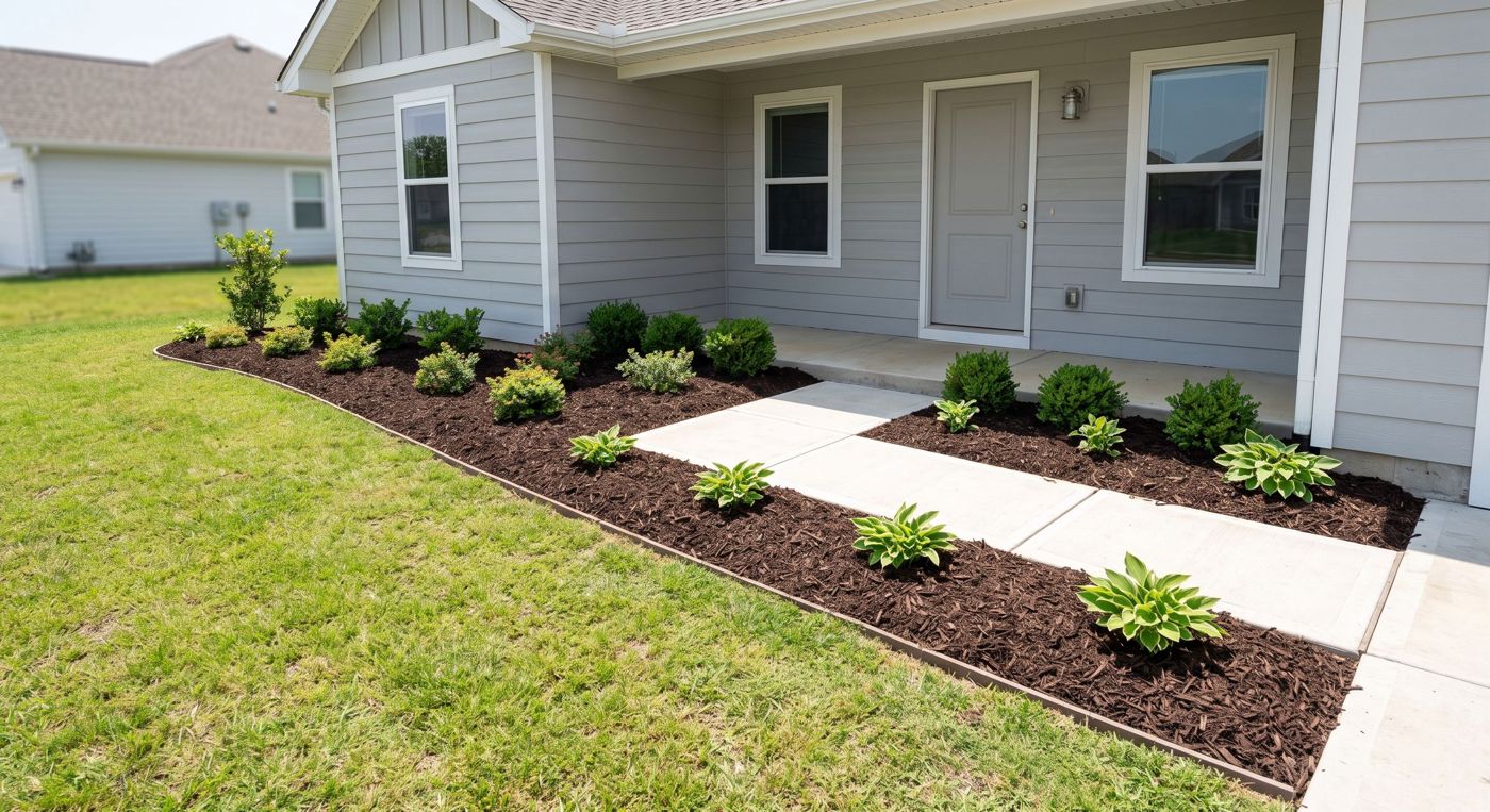 The same front entry beds after Carrington service, filled with fresh dark mulch and crisply edged along the walkway