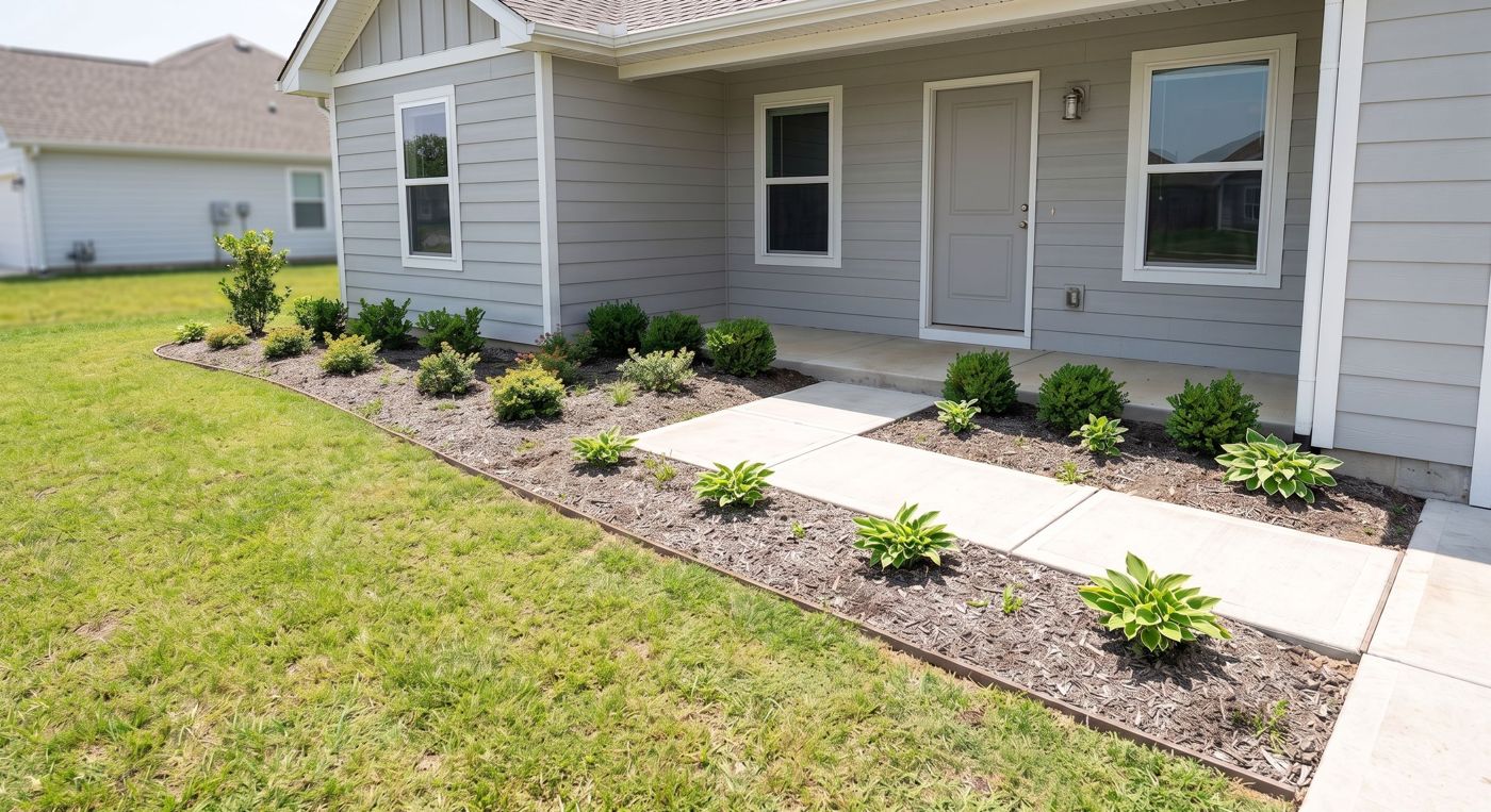 Front entry landscape beds of a rental home with thin, faded mulch and sparse shrubs along the walkway