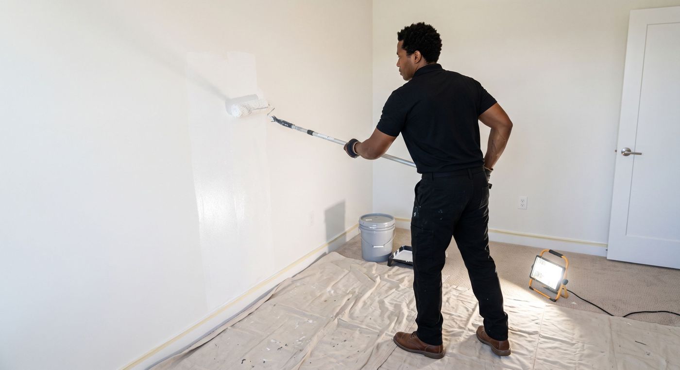 Carrington technician rolling a fresh coat of paint onto the same bedroom wall, with drop cloths down and edges taped off