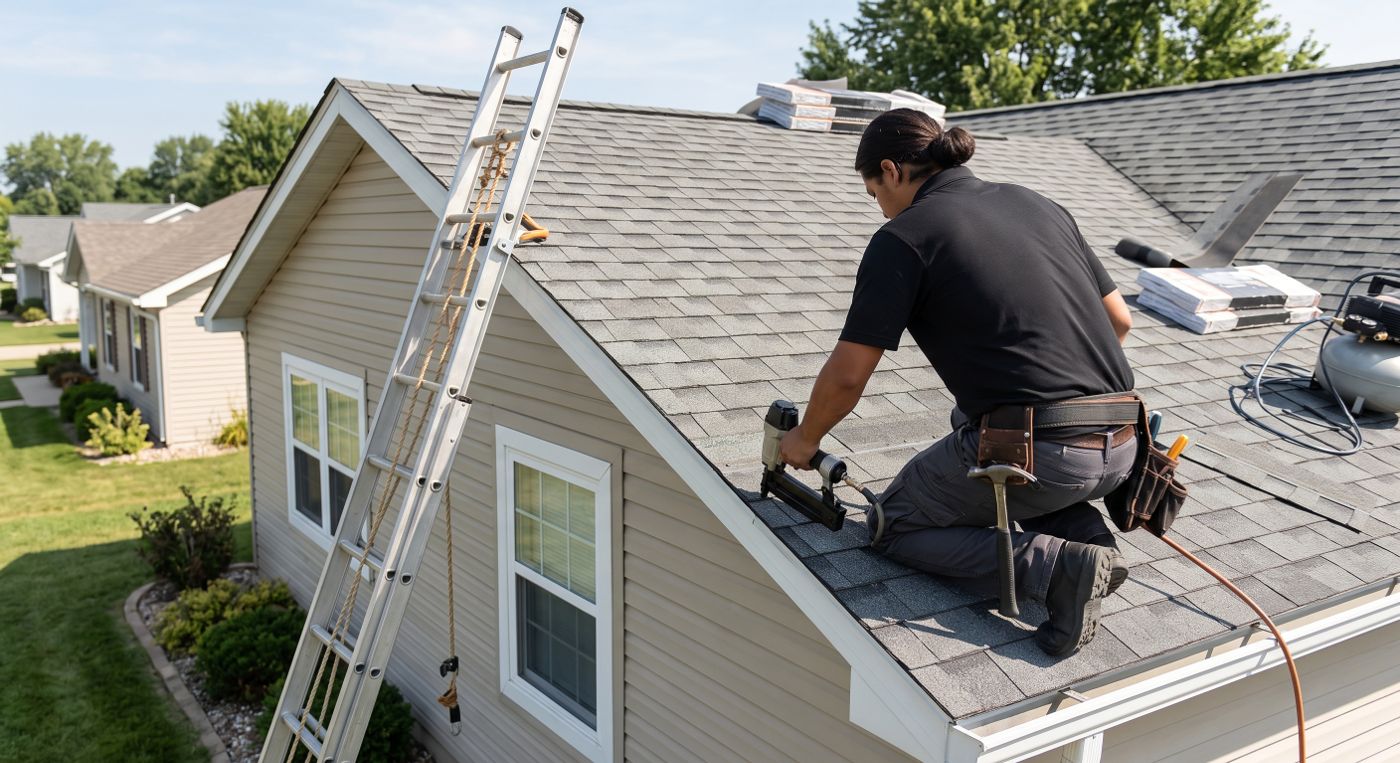 Carrington technician kneeling on the same roof nailing down replacement shingles, with bundles and a compressor staged along the ridge