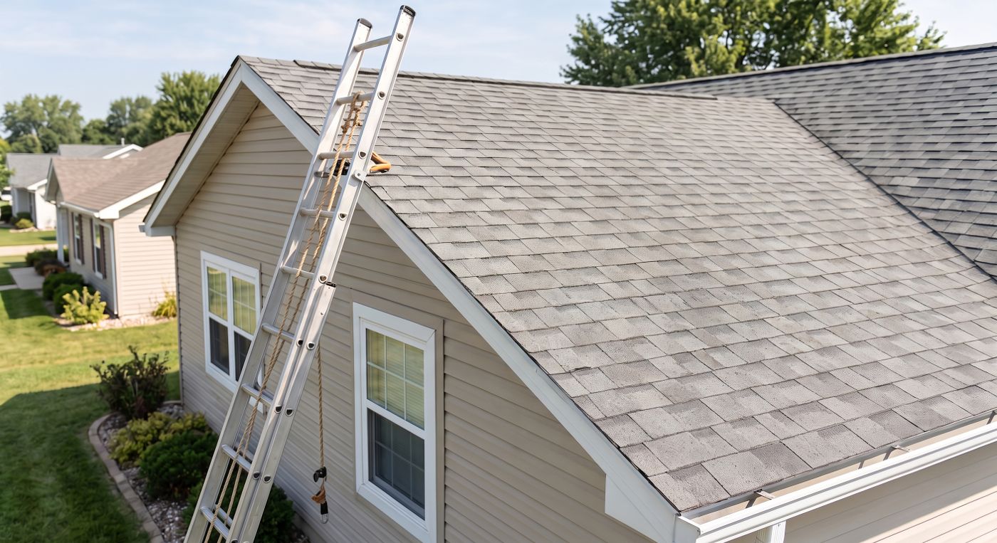 Weathered asphalt shingle roof on a rental home, faded and streaked from sun and storm exposure, with a ladder set at the gable