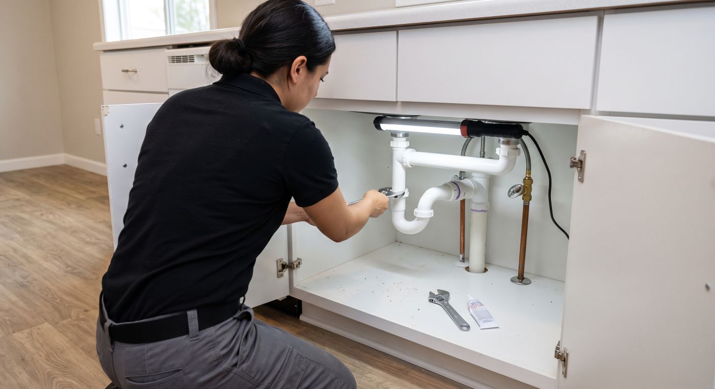 Carrington technician tightening a new white P-trap under the same sink with a wrench, work light and thread sealant to hand