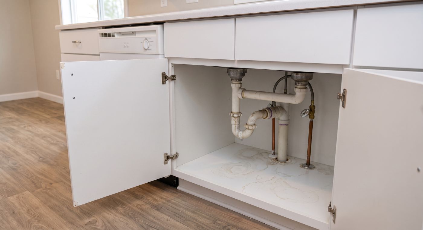 Open kitchen sink cabinet showing a discoloured P-trap and corroded fittings above a cabinet base ringed with water stains