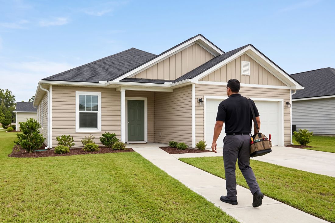 Maintenance technician walking up to a single-family rental home with a tool bag