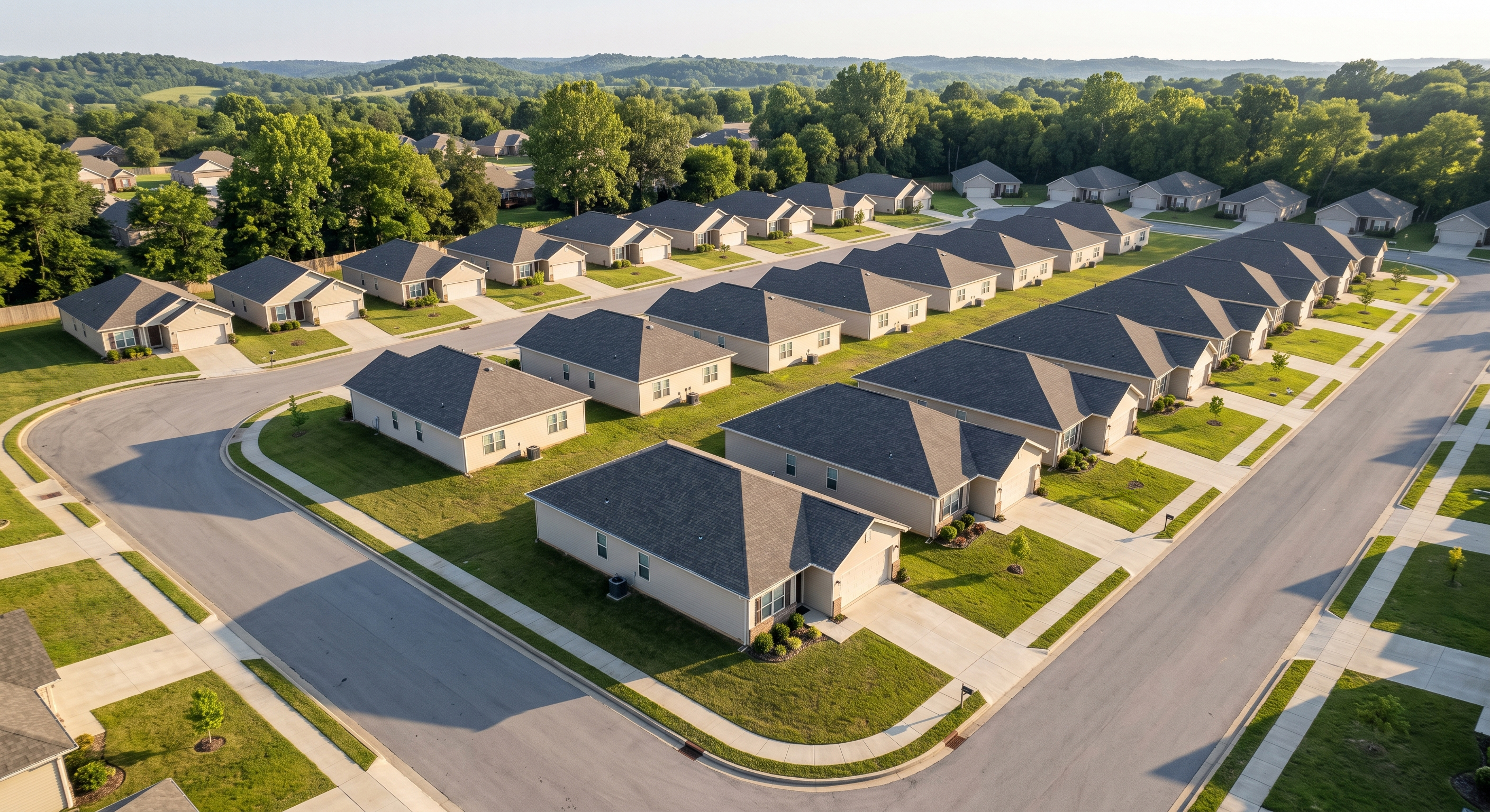 Aerial view of a rental home neighborhood